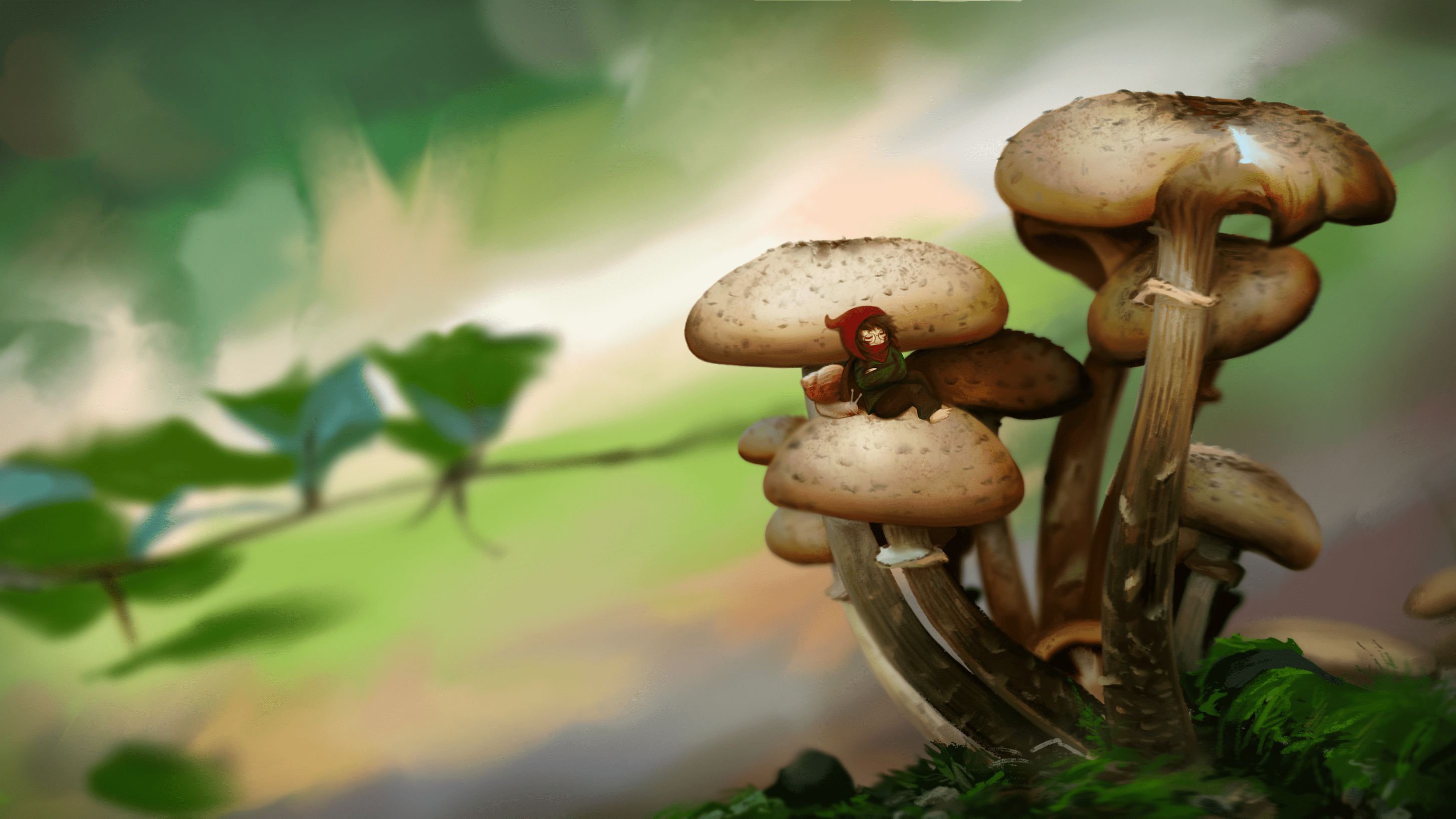 A painting of a cluster of mushrooms with a little gnome and a snail sleeping on one of the mushroom caps.